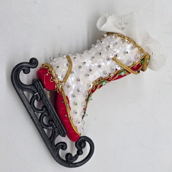 Christmas Ice Skate Boot Sleigh Ornament With Bead Sequins & Lace - Picture 6 of 6